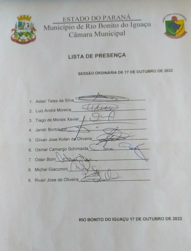 Lista de Presença dos vereadores dia 17 de Outubro 